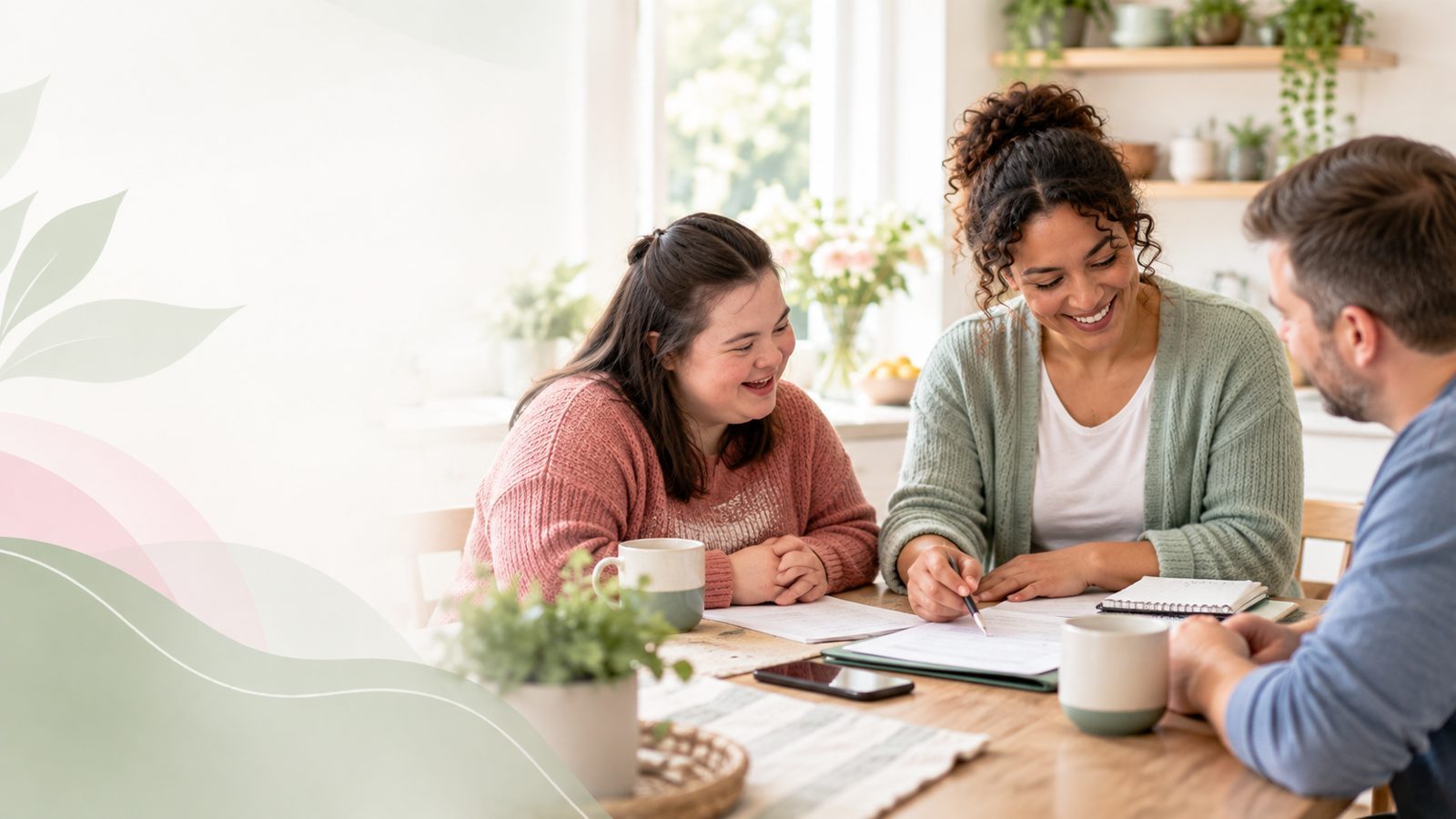 A care coordinator goes over a written plan with a woman and her family at a sunny kitchen table.
