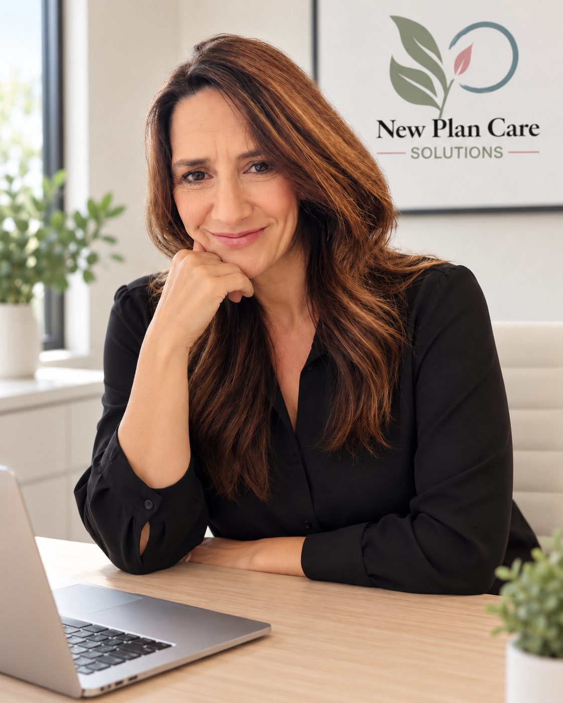 Stacie Postol, owner and operator of New Plan Care Solutions, seated at her desk in the office.